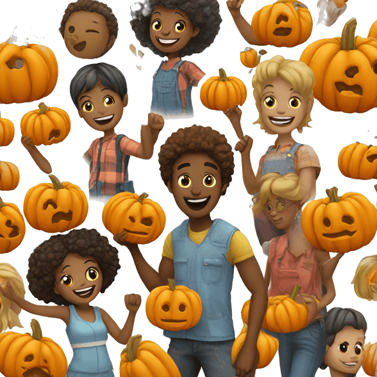 happy friends enjoying outdoor fun holding pumpkins  emoji