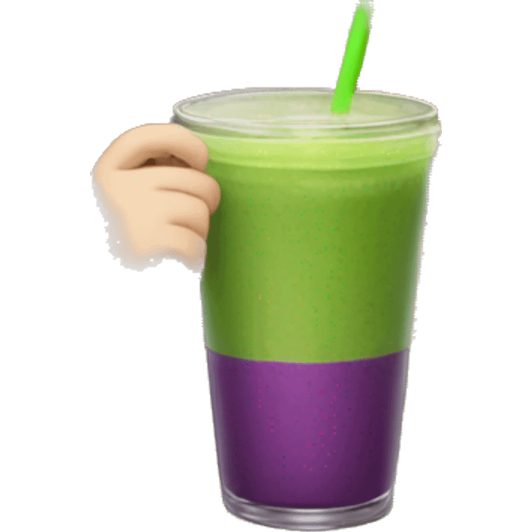 One chubby girl with pale skin and long dark brown hair and green eyes and glasses wearing a beige cozy knitted sweater drinking a purple smoothie emoji