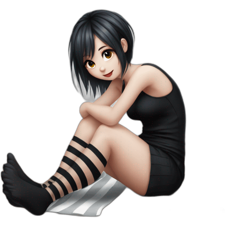 Full body Front view curvy emo girl sits on the floor straight view hands up black skirt striped stockings emoji