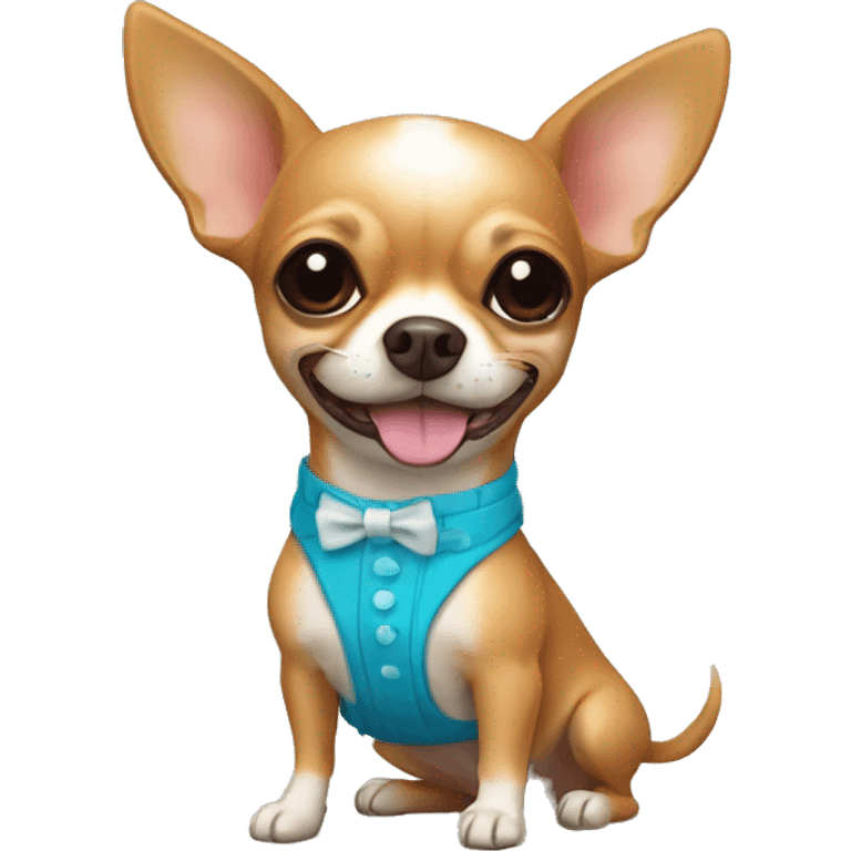 Chihuahua de color caramelo en la playa y con traje de baño emoji