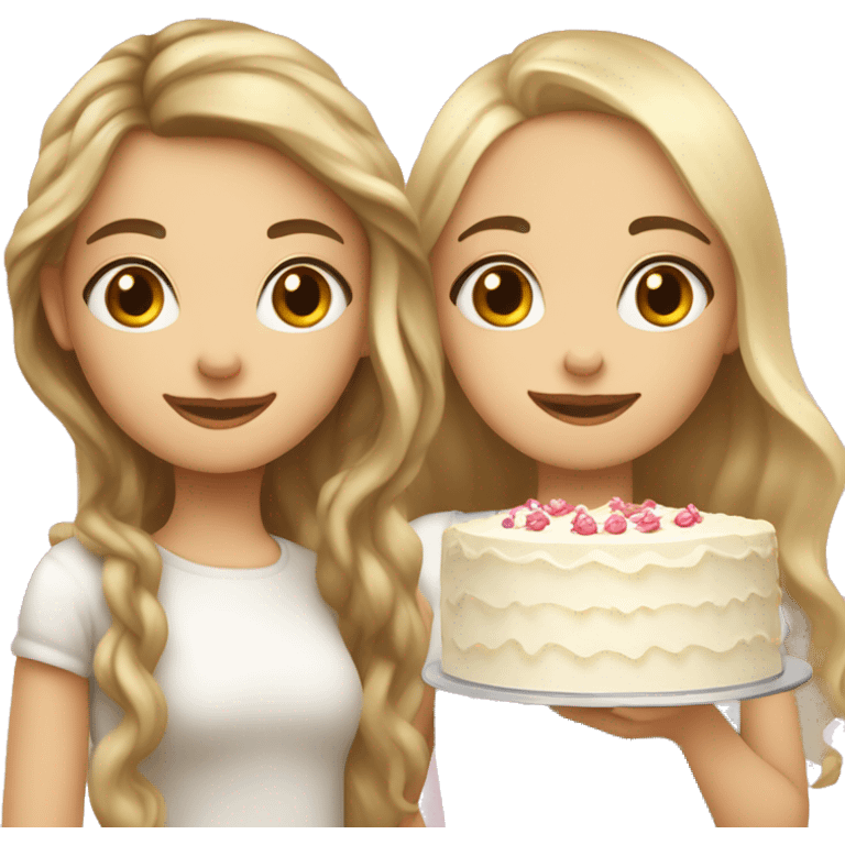 Russian girl with long blond wavy hair and Russian girl with long brown straight hair together holding big white cake emoji