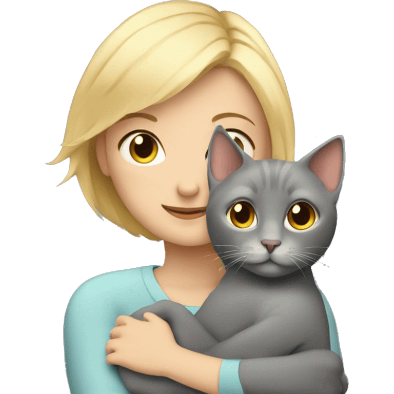 blonde girl with short hair hugs a gray fold-eared cat emoji