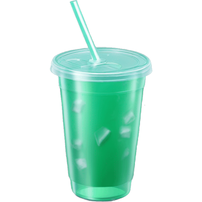 Realistic plastic cup and lid with Transluscent dark mint green and large ice cubes inside and one straw through the top of the lid. emoji