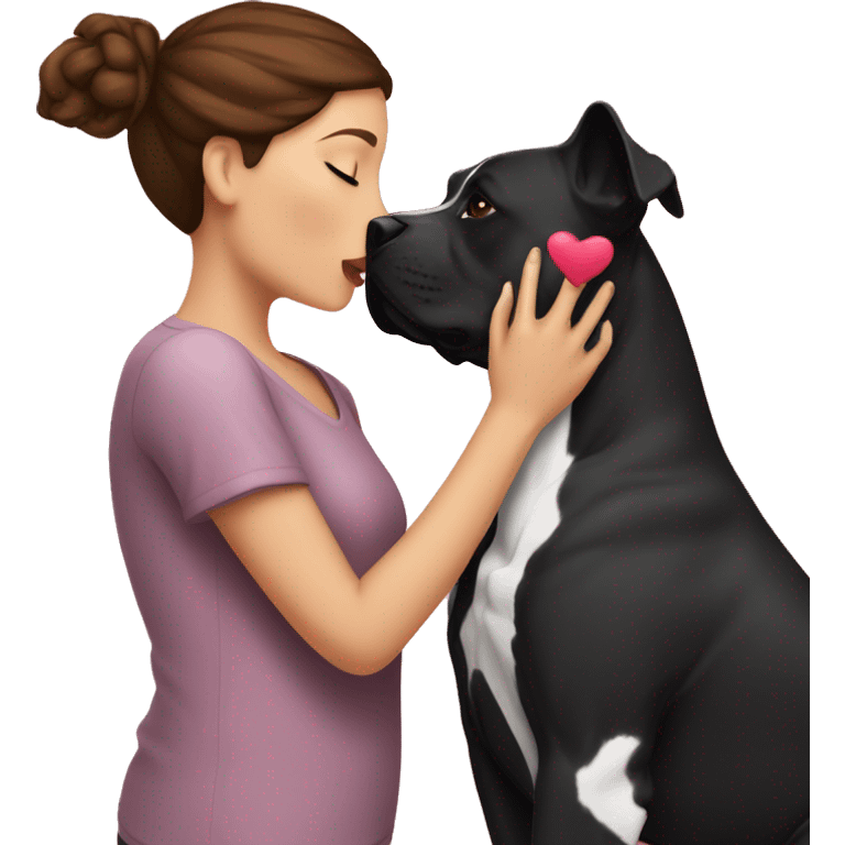 Brunette kissing big black pitbull dog, pink hearts emoji