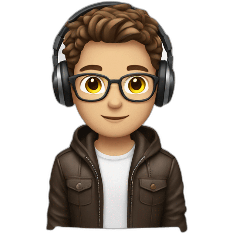 boy with bookish hairstyle, brown hair, white T-shirt, open leather jacket, with headphones. emoji