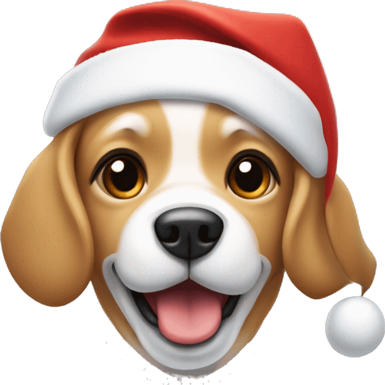 Small happy Tan dog with a white chests and nose strip, floppy ears, wearing a Santa hat emoji