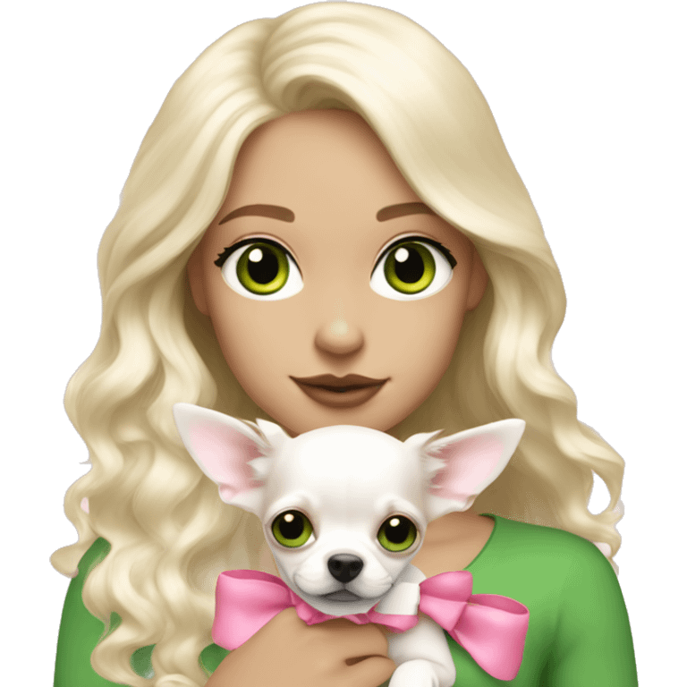 pale blond girl with wavy long platinum hair with green eyes holding a white chihuahua puppy that wearing a pink bow emoji