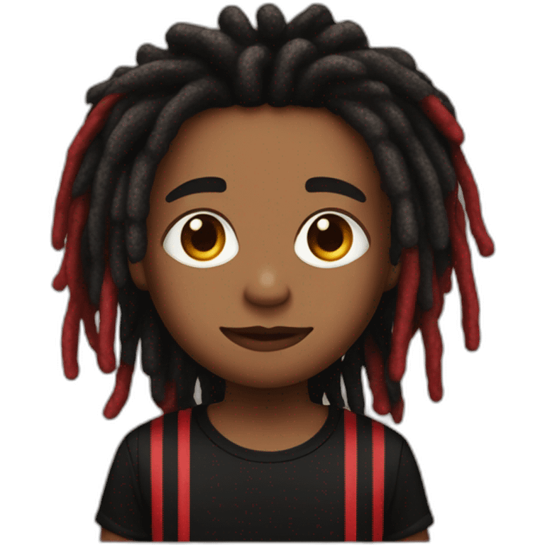 Cute brown skin boy with red and black striped colored dreads wearing a black shirt  emoji