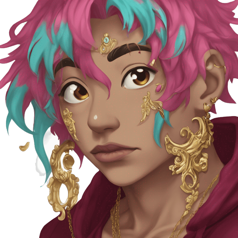 Vintage patina intricate swirls gold jewellery baroque golden raven tropical Deep pink maroon burgundy cyan dark hoodie man vitiligo dyed hair gold piercings nose piercing ear piercings emoji