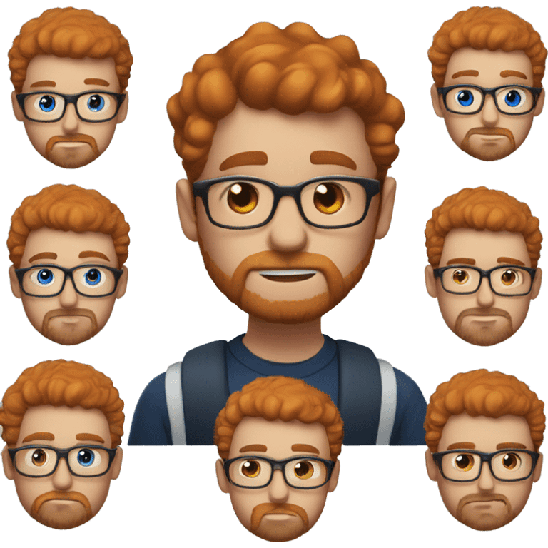 30 years old, male, short curly red hair, glasses, black baseball hat, blue eyes, pale complexion, thick beard and thin mustache emoji