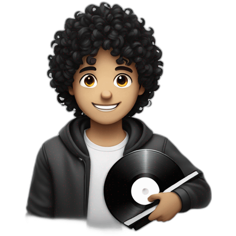 a curly dark hair boy holding a black music vinyl in his hand, smiling, cute emoji