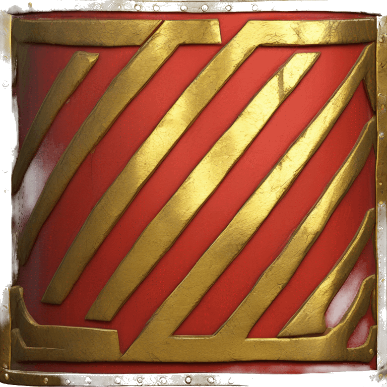 A bright red, rectangular-shaped Roman legionary shield with bold golden edges and a central gold boss. The shield features subtle geometric patterns and a worn texture, symbolizing both protection and battle readiness emoji