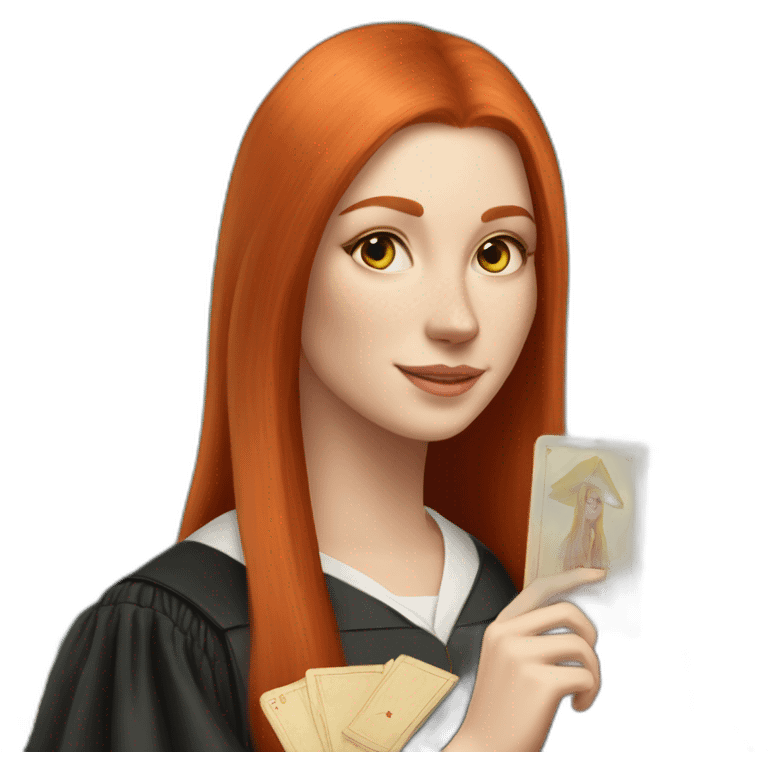 redhead white woman medium long straight hair, celebrating graduation with tarot cards emoji