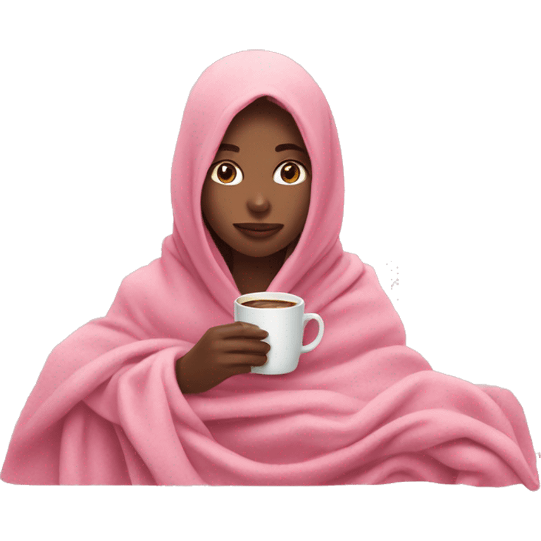 Girl with pink pastel blanket drinking coffee emoji