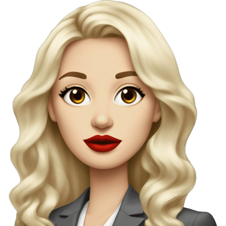 Russian Blonde long hair with big red lips small nose and black eyes Tiffany diamond seller in a grey suit emoji