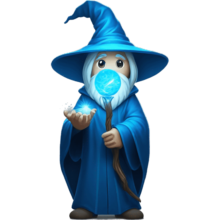 Wizard with staff emitting magical light, ball at the end glowing blue. Mysterious and impressive. emoji