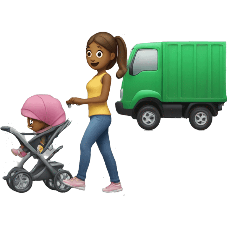 Girl pushing a double stroller in front of a truck  emoji