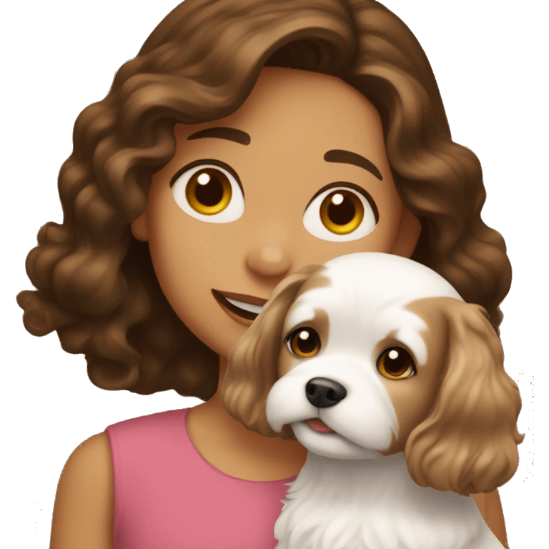 A girl with wavy brown hair and brown eyes holds a small white dog. emoji