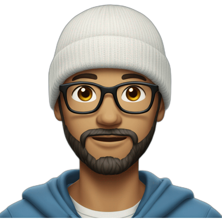 young dark-haired blue eyeswhite man with a beanie, glasses and beard emoji