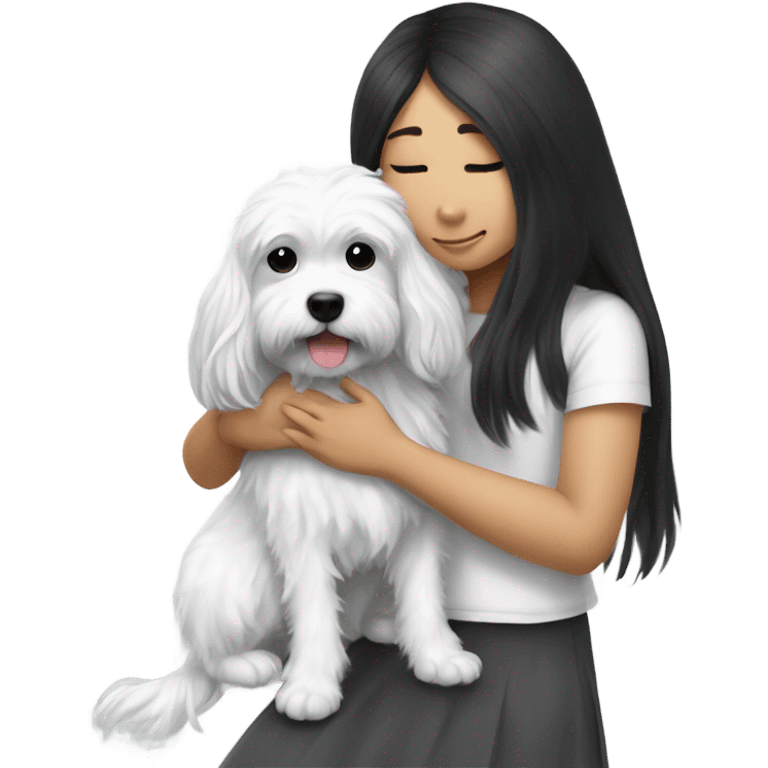 Black and white cavoodle getting hugged by long hair Asian girl emoji