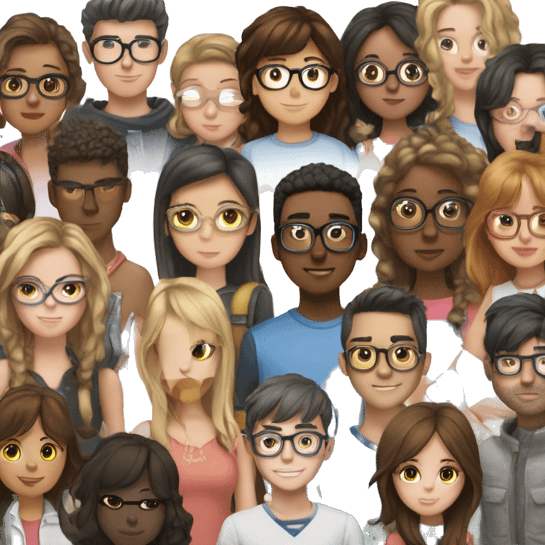 7 friends, 2 boys one darker with bigger ears and the other one gay and 5 girls, one with glasses and dark blonde hair with bangs another one with glasses and 3 with dark hair and brown hair emoji