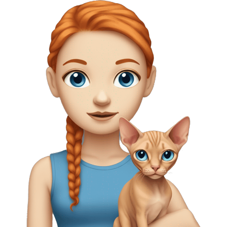 Skinny Girl with ginger hair and blue eyes with sphynx cat emoji