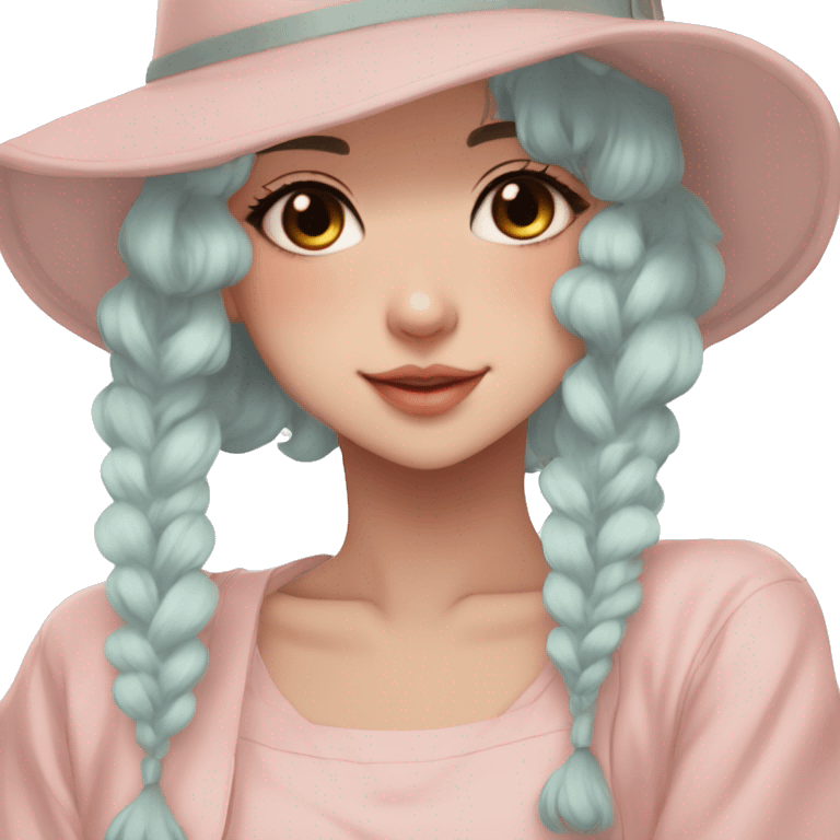 Gorgeous pastel anime girl with blushing face and hair garnitures and pretty hair and a hat-cap aesthetic trending style emoji