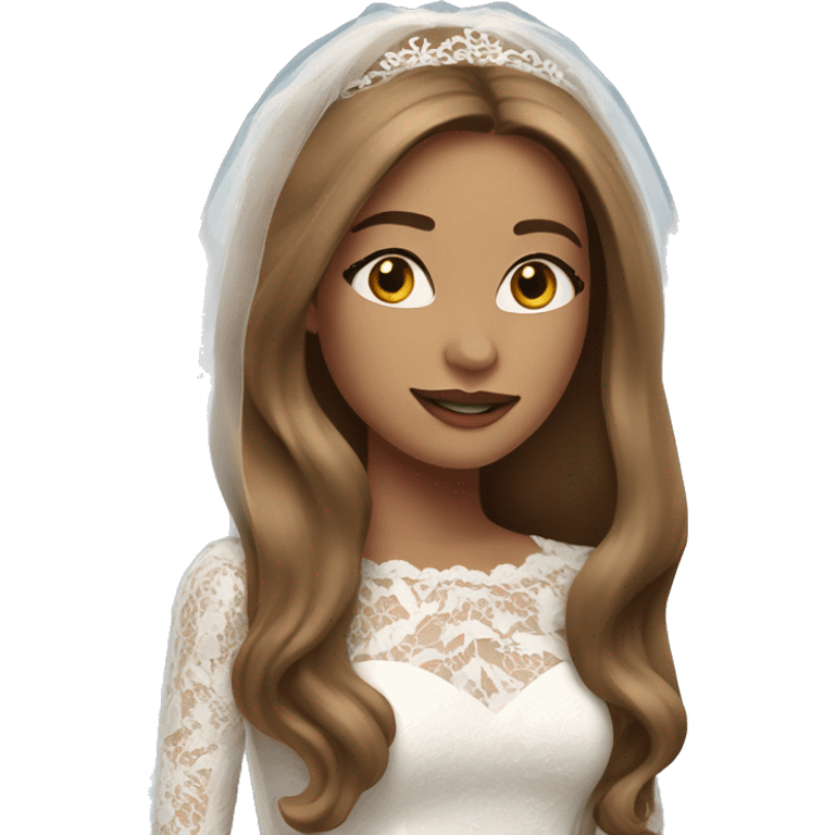 Beautiful woman with long straight light brown hair wearing a long sleeved laced wedding dress emoji