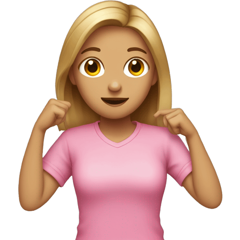 Girl with light brown hair and pink shirt dabbing emoji