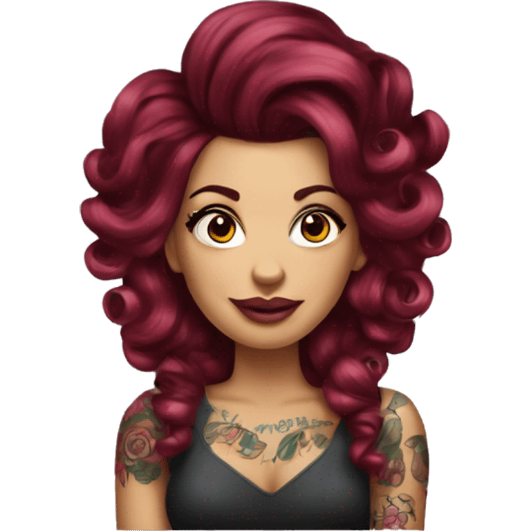 Beautiful tattooed  burgundy long haired woman with curlers in her hair emoji