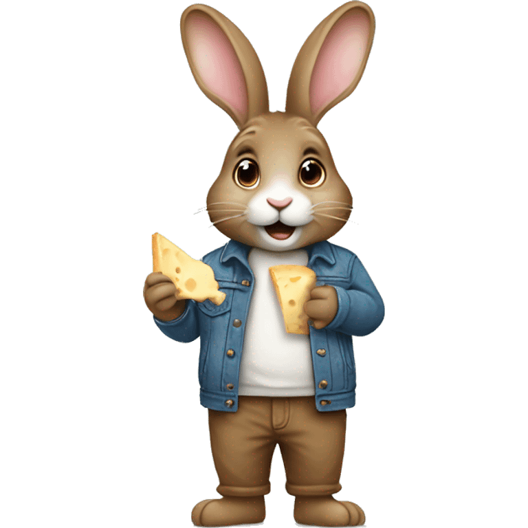 Cute rabbit: a brown rabbit wearing a jeans jacket. Eating a gorgonzola cheese emoji