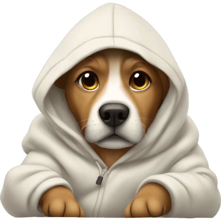 dog wearing a hoodie laying in bed emoji