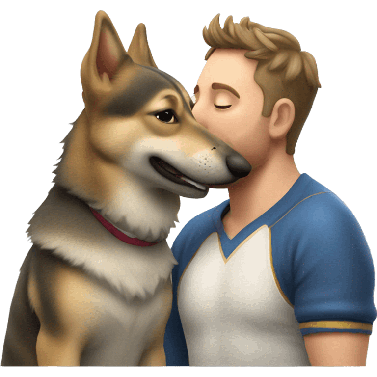 A Swedish Vallhund kiss a man emoji