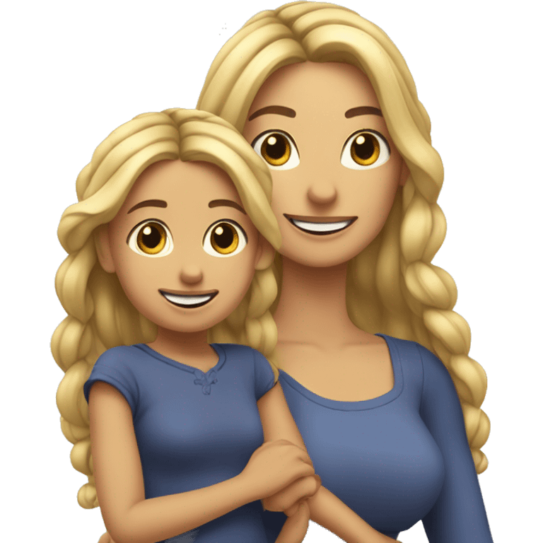 An emoji of a blonde mother with long hair, standing next to her 3-year-old daughter with black braided hair, both smiling emoji