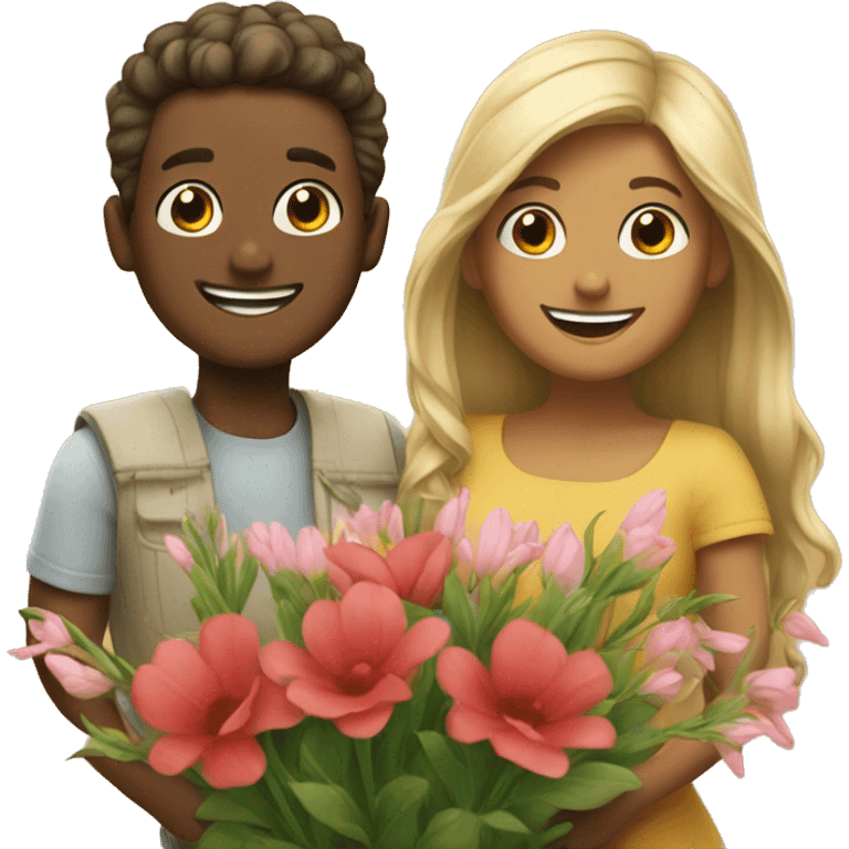 Two love smiling with flowers emoji