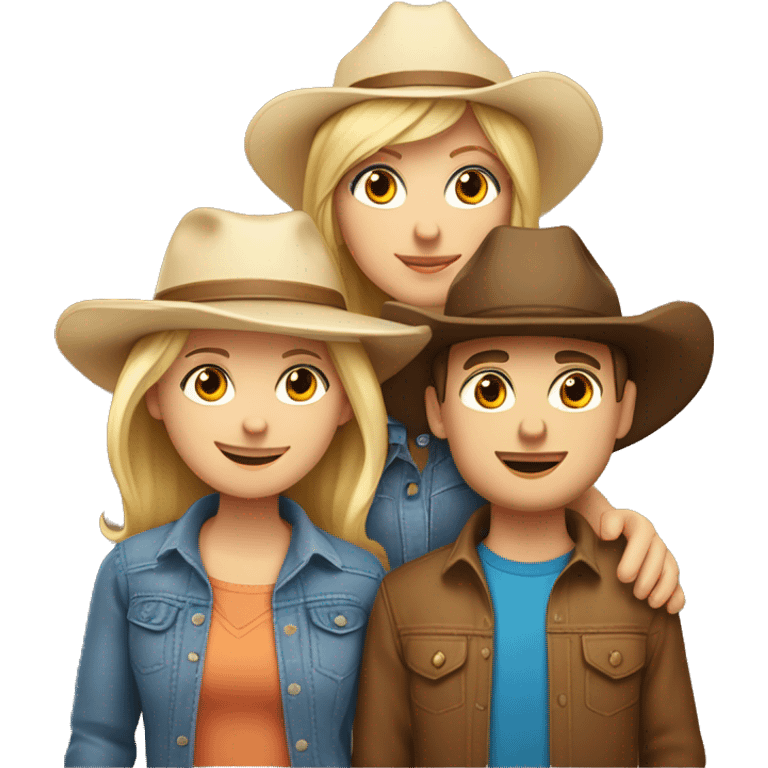 Caucasian family of five, all with cowgirl hats on, 2 blonde teenagers, 1 light brown haired mom, 1 little boy with brown hair and a brown hair dad emoji