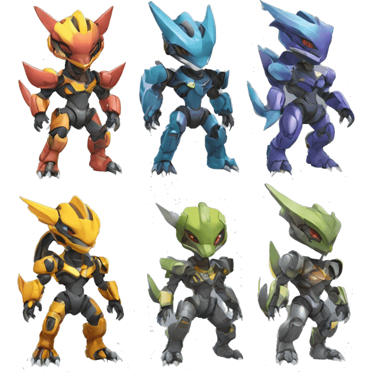 Colorful Edgy Chibi WarGreymon-Velociraptor-Genesect-Fakémon-Pokémon wearing a with a futuristic visor-helmet And Mecha-suit Full Body emoji