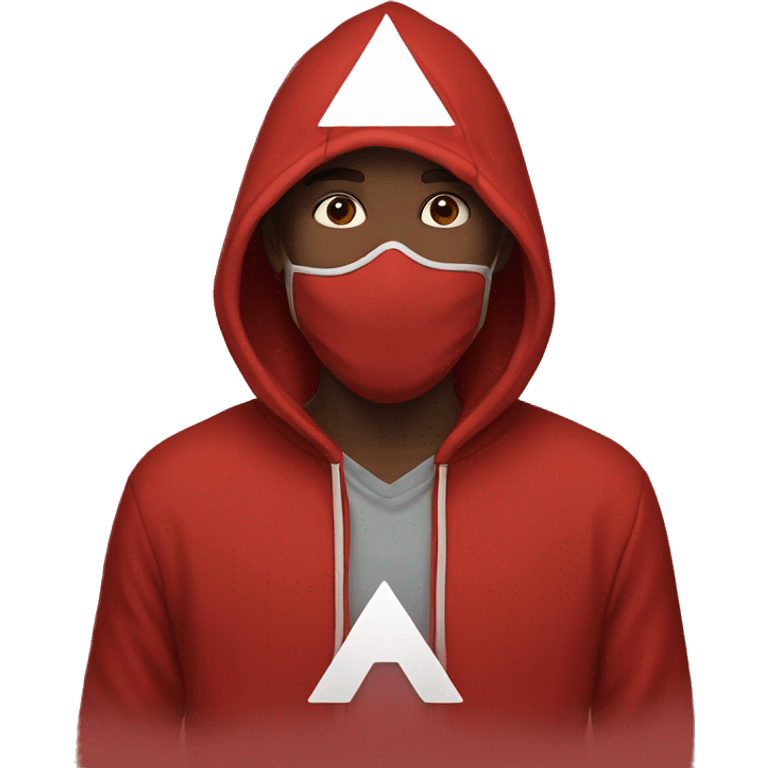 Man wearing red hoodie with a all back mask that has a white triangle printed on The mask emoji