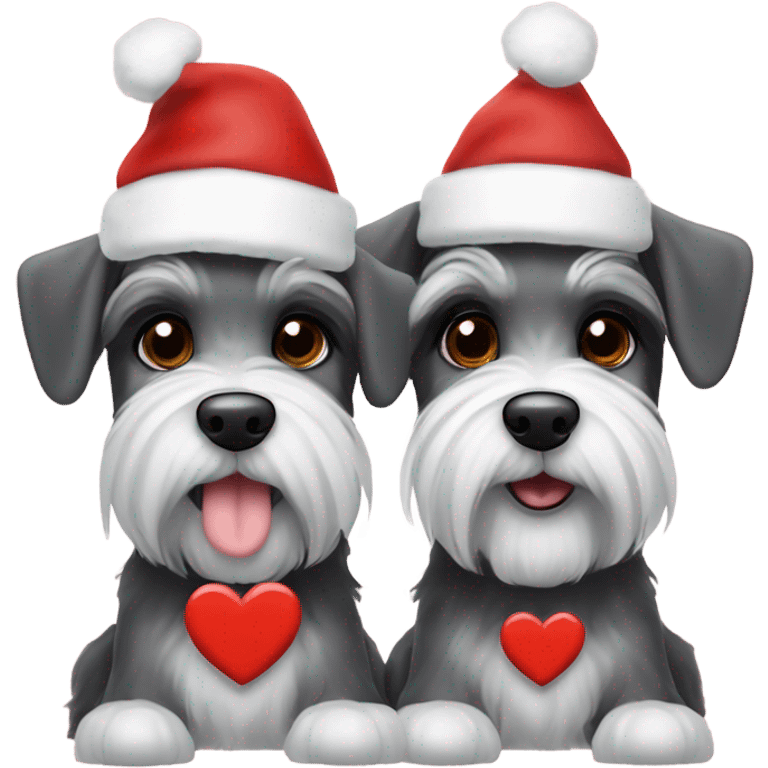 2 miniature schnauzers, 1 grey and 1 black and white, wearing Christmas hats with a heart above them emoji