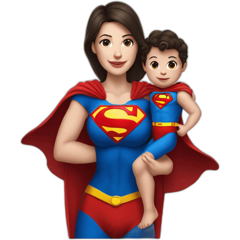 mother white skin brunette dressed as Superman with a cape holding a baby emoji