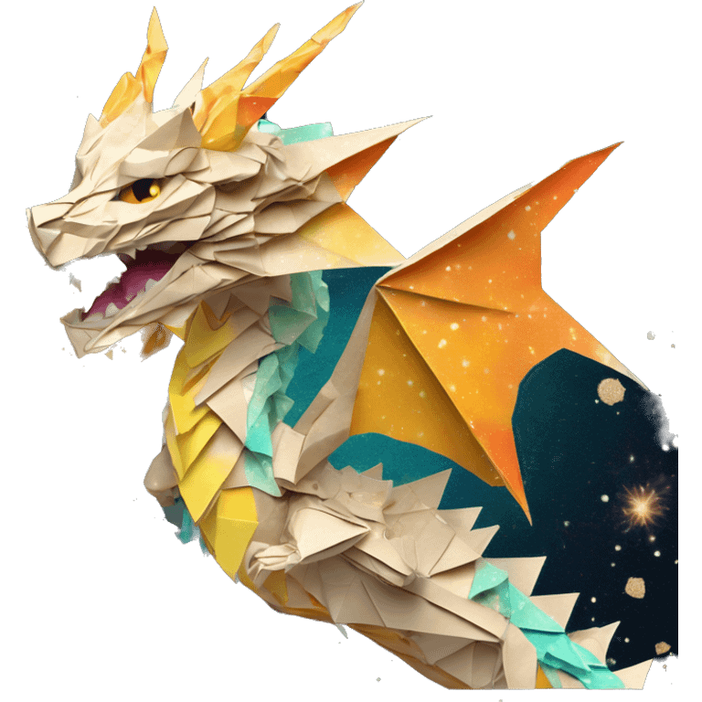 Sparkling patterned Beige Origami dragon with a dried flower crown made of newspapers intricate patterns surrounded by fairy lights nebula galaxy stars swirls iridescent orange cyan yellow emoji