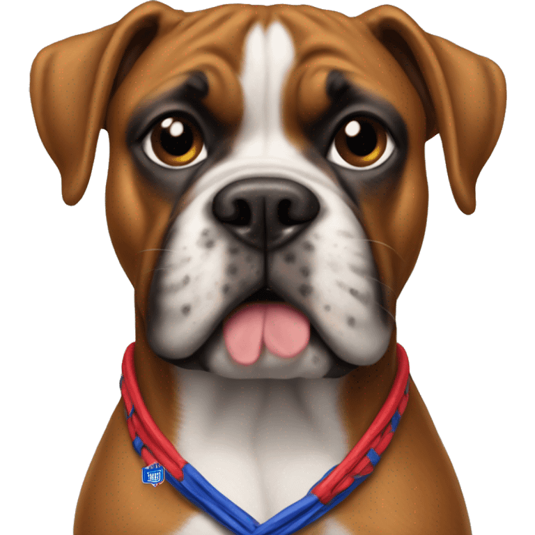 A dog, boxer, wearing buffalo bills gear emoji