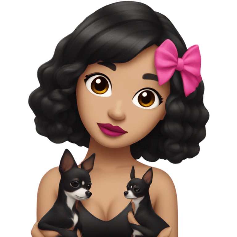 Thick medium black hair with hot pink lip and pink cheek Filipino lady hugging black and white Chihuahua  emoji