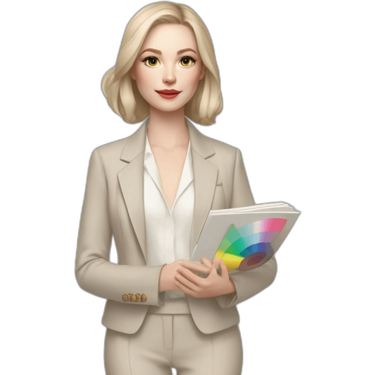 pale skin woman with ash blonde Straightened bob Hair, White Spacious classical jacket, beige palazzo Arrow pants and gray blouse holding a color palette in the hands emoji