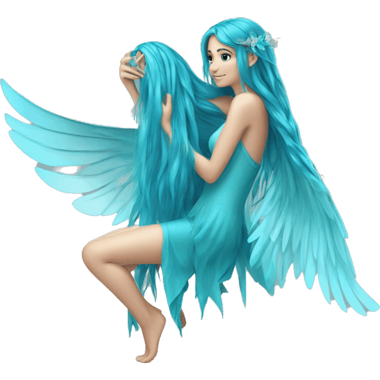 Beautiful, fairy, blue, turqoise, long hair, big wings emoji