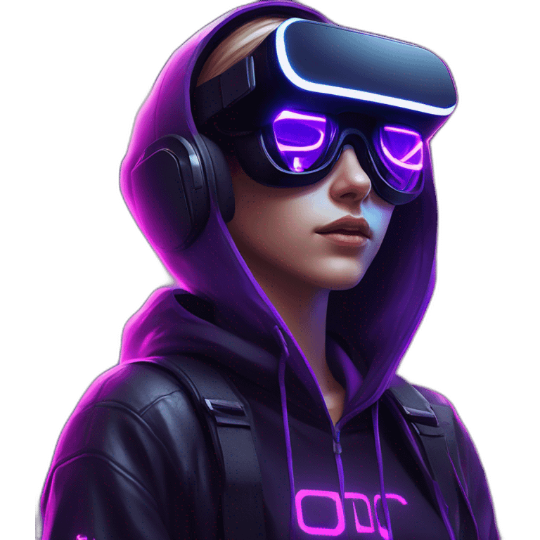 Russian girl wearing a black hoodie with "OMG" letters on it and VR headset in a cyberpunk VR environment with violet neon lighting. emoji