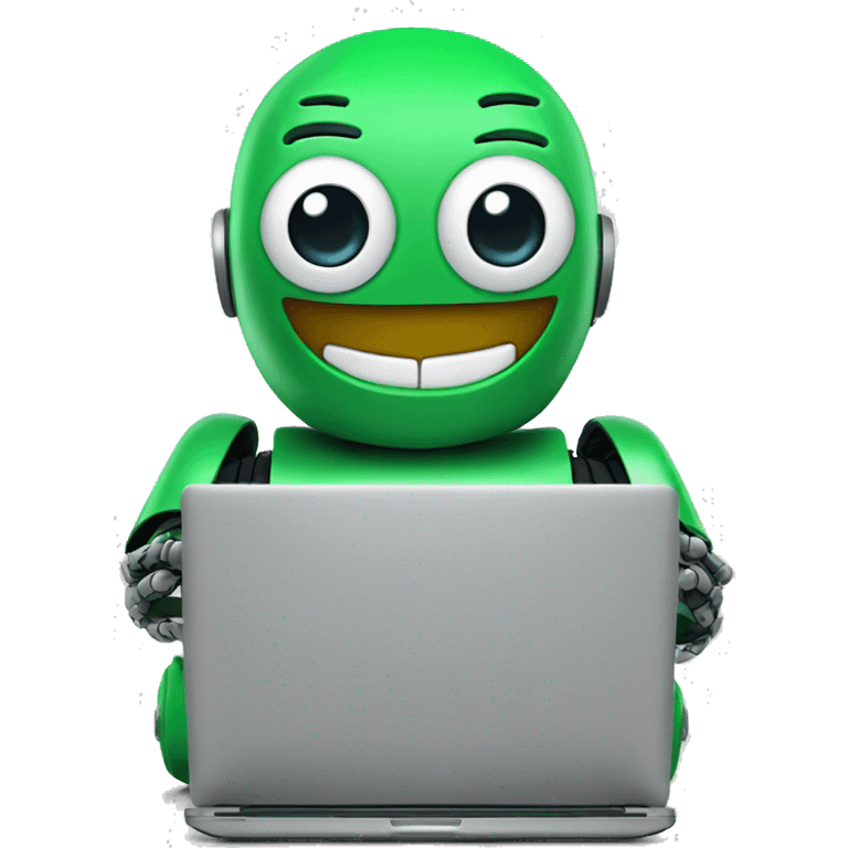 happy robot in laptop wearing green t-shirt emoji