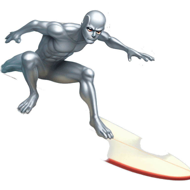 Silver surfer riding a surf board but with a serious face  emoji