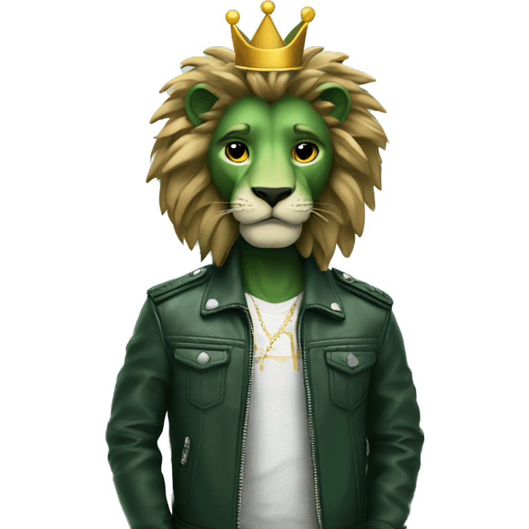 green skin and hair lion in cool leather jacket with a crown emoji