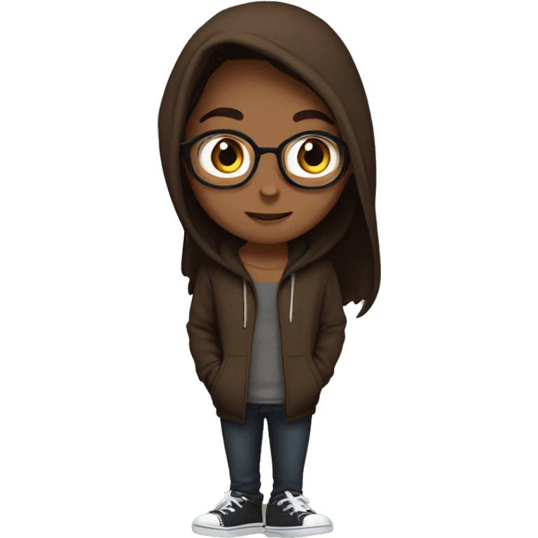 a girl with white skin, with long straight brown hair, in a brown hoodie, with a nose ring, a guy with glasses, with brown hair, with stubble, in a black hoodie, lovers emoji